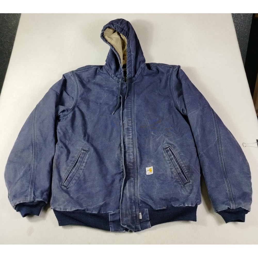 Carhartt FR Jacket Mens LT Blue Hooded Canvas Quilted Insulated Bomber Workwear